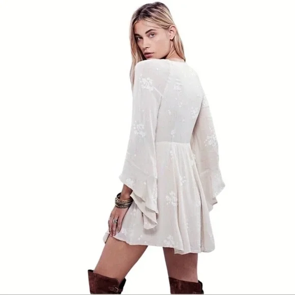 Free People Tan & Cream Almond Combo Jasmine Embroidered Boho Mini Dress 8 - Picture 11 of 11